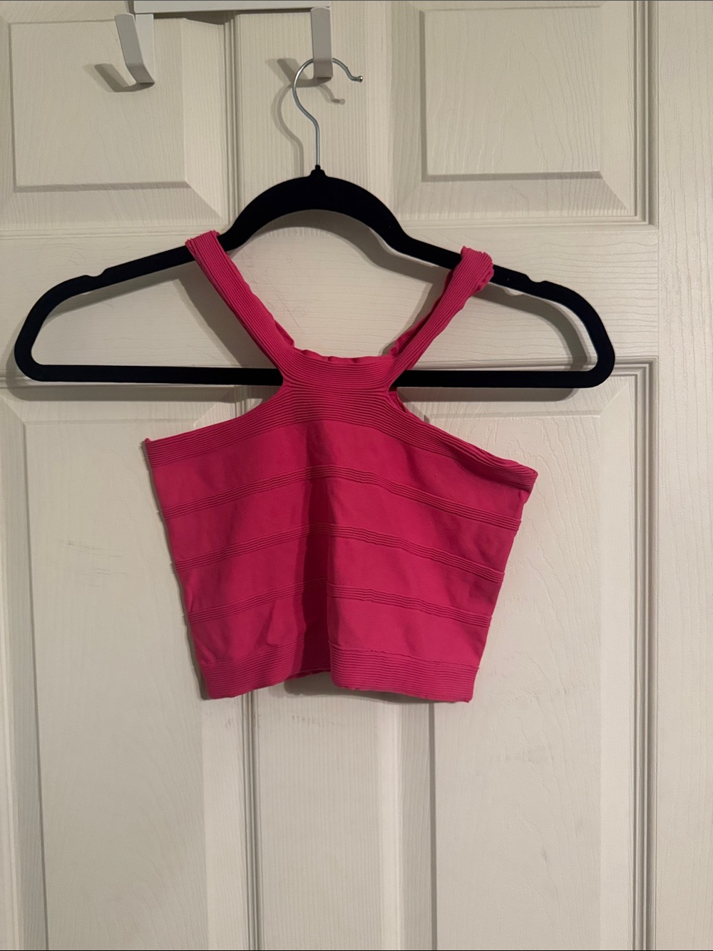 bebe Hot Pink Ribbed Halter Crop Top
